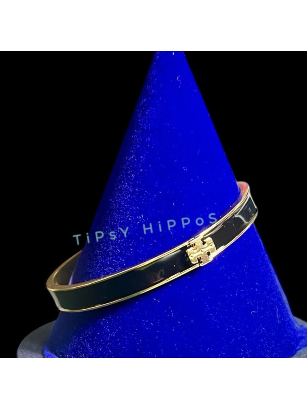 ***Tory Burch Kira Black & Gold Enamel Logo Hinged Bangle Bracelet - Picture 10 of 16